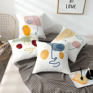 Modern Minimalist Abstract Face Animal Embroidery Throw Pillow Cover Cotton Decorative Cushion Cover For Sofa Living Room Home