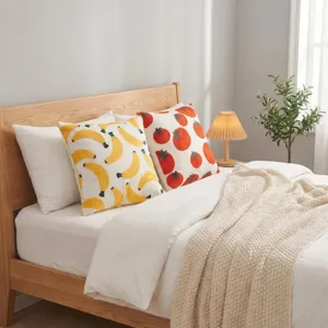 Nordic fruit embroidered cushion cover, banana and tomato bedroom sofa throw pillow detail.