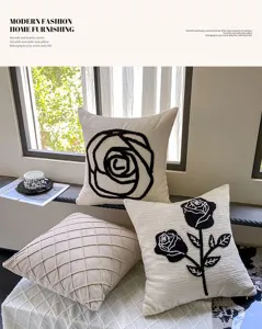 Coussin en chenille avec broderie de rose, coussin decoratif pour canape salon.