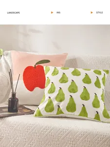 Nordic minimalist fruit embroidery pillow detail, textured towel embroidery cushion cover.
