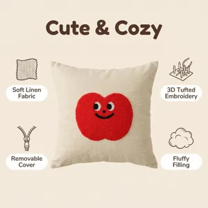 Niedliches Apfel Tufted Kissen mit Cartoon Gesicht, weicher Leinen Kissenbezug Sofa.