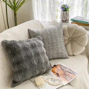 Luxurious plush throw pillow set, soft rabbit fur and tweed cushion for modern home sofa decor.