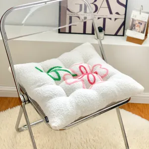 Plush chair cushion with cute embroidered flower design, thick warm seat pad for office home