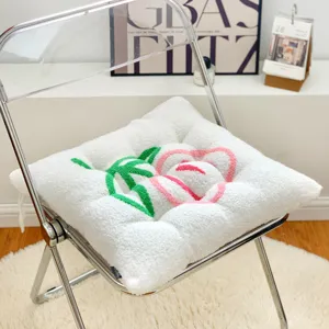 Thickened plush seat cushion with cute peach embroidery, soft winter chair pad for office home.