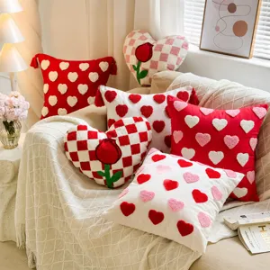 Valentine Heart Throw Pillow Cover Red White Embroidered Love Cushion Case Modern Minimalist Sofa Decorative Pillow