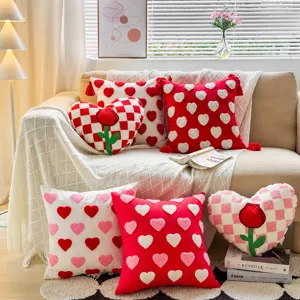 Valentine's day heart pillow tufted rose embroidery cushion cover cozy sofa home decor
