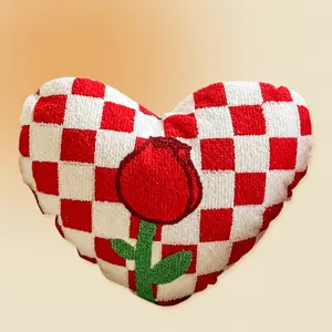 Heart-shaped chessboard rose embroidered plush pillow, soft cushion for home sofa decor.