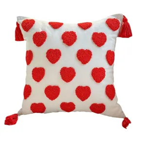 Valentine's Day red heart tufted throw pillow with corner tassels, cozy couch sofa cushion decor.