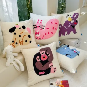 Cartoon Animal Embroidered Chenille Throw Pillow Cover Cute Design Decorative Cushion Case For Sofa Living Room Office Home Decor