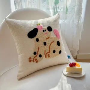 Cute cartoon dog tufted chenille throw pillow for living room sofa cushion home decor.