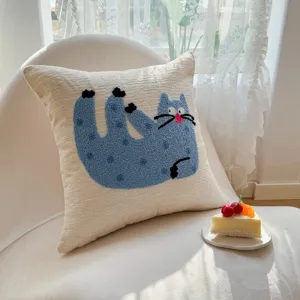 Cute blue cat embroidered chenille throw pillow cover, cozy sofa cushion for home decor.