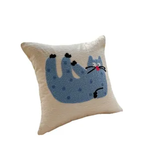 Cute blue cat embroidered chenille throw pillow for living room sofa and office home decor.