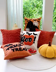 Halloween throw pillow set, plush pumpkin cushion with embroidery craft for home decor.