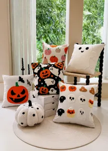Halloween pumpkin ghost embroidered plush pillow cover festive home decor cute cushion case