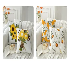 Nordic embroidered throw pillow cover detail, floral pattern, cozy soft sofa cushion decor.