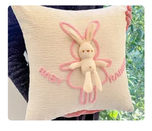 Cute plush bunny throw pillow with 3D stuffed rabbit toy tufted embroidery sofa cushion cover