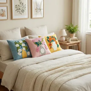 Nordic floral throw pillow, cream aesthetic bedroom couch cushion, embroidered flower decor.