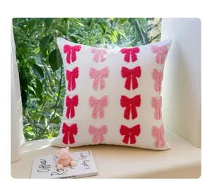 Pink bow tufted throw pillow cover, sweet aesthetic style soft cushion for living room sofa.