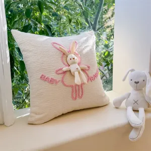 Cute beige bunny plush throw pillow with pink embroidery for living room sofa decor