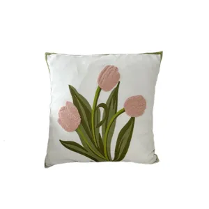 Nordic style floral embroidered throw pillow cover with pink tulip design for sofa bedroom.