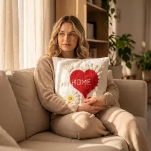 Cozy living room scene showing a decorative tufted throw pillow featuring a red heart and flowers.