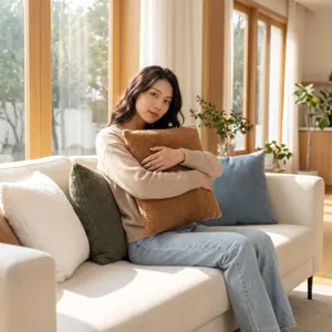 Detailaufnahme des flauschigen unifarbenen Teddy-Plüschkissens auf dem modernen Wohnzimmersofa.