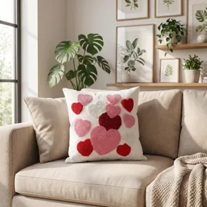 Closeup of decorative tufted heart throw pillow featuring soft pink and red textured embroidery.