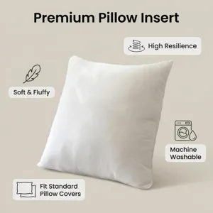 White pillow insert close-up detailing high resilience, fluffy texture and machine washability.