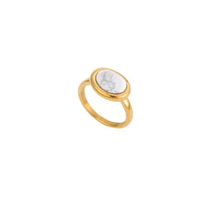 Minimalist gold stainless steel oval white stone ring, elegant fashion jewelry for women daily.