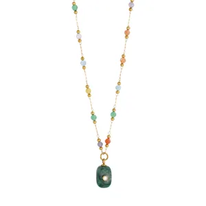 Colorful stone beaded stainless steel necklace with green pendant and diamond detail.