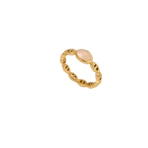 Gold stainless steel ring with natural stone oval white mother of pearl minimalist chic jewelry