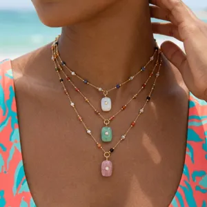 Stainless Steel Natural Stone Gravel Beaded Pendant Necklace With Rhinestone Rectangular Raw Stone Women Fashion Jewelry