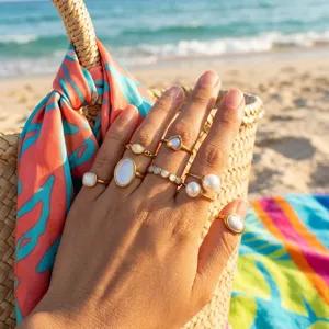 Minimalist stainless steel natural stone rings, exquisite mother-of-pearl stackable jewelry.