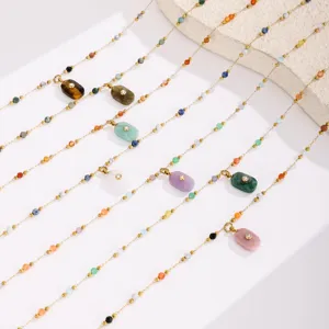 Colorful natural stone beaded stainless steel necklace with irregular rectangular pendant jewelry
