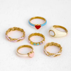 Stainless steel colorful enamel heart ring set, trendy dopamine style braided fashion jewelry.