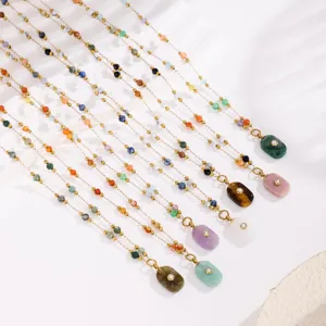 Colorful gemstone beaded stainless steel necklace with irregular rectangular diamond pendant.