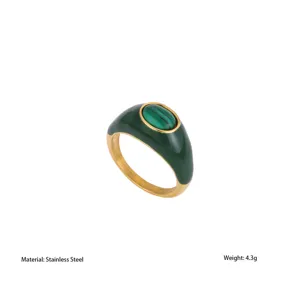 Vintage dark green stainless steel ring with malachite oval stone fashion jewelry for women