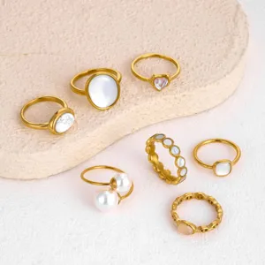 Gold-plated stainless steel ring set featuring natural stone and pearl chic accents.