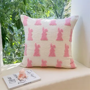 Pink bunny throw pillow cover cute tufted rabbit decorative cushion for sofa living room