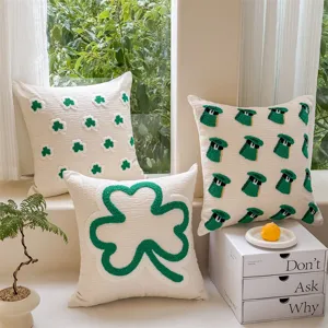 Housse de Coussin Décorative de Canapé en Peluche Trèfle de la Saint-Patrick Broderie Tuftée Verte Décoration d'Intérieur