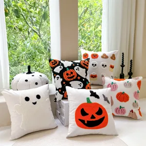 Housse de Coussin Halloween Broderie Éponge Citrouille Fantôme Housse de Coussin Décorative Pour Canapé Salon