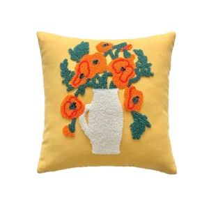 Nordic tufted throw pillow with floral vase design, soft yellow decorative cushion for sofa.