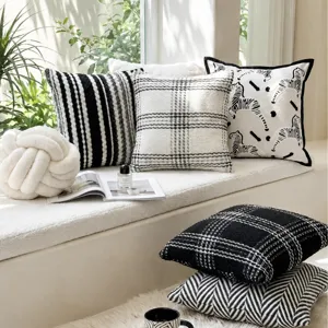 Black and white throw pillow cover set, luxury grid and zebra pattern sofa cushion home decor.
