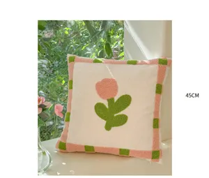Cute retro green plant tulip cloud velvet towel embroidery throw pillow cushion for sofa details