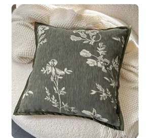 French vintage throw pillow olive green floral jacquard decorative sofa cushion cover