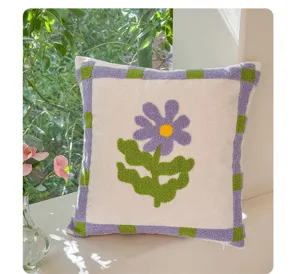 Retro cute plush tufted wildflower throw pillow square cushion for sofa home decor.