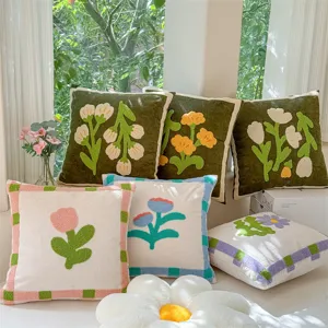 Cartoon Retro Green Plant Tulip Cloud Plush Towel Embroidery Little Wildflower Throw Pillow Cushion Sofa Cover