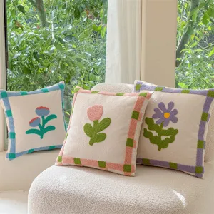 Retro cute tufted floral throw pillow and cushion with grid border for cozy sofa decor.