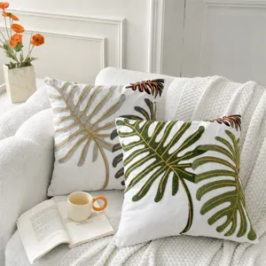 Nordic embroidered throw pillow cover, modern minimalist leaf pattern cushion case for sofa.