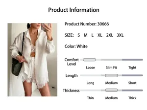 Women casual white lace shirt and shorts set detail, comfortable fit and stylish design.